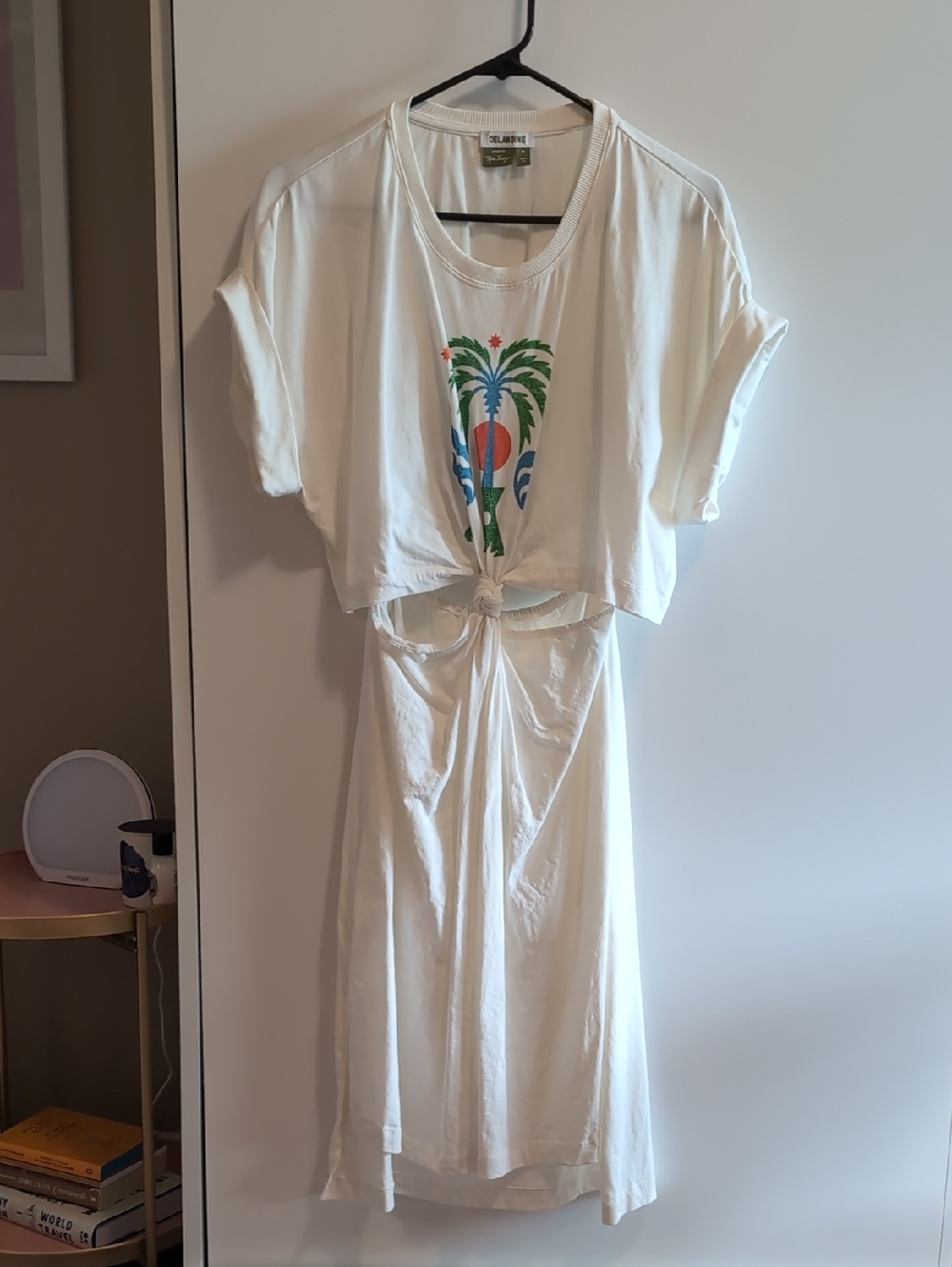 White Midi Dress with Tropical Palm Graphic and Front Knot